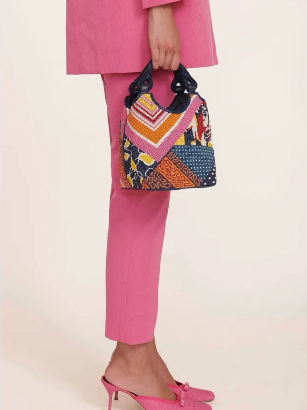 STAUD Multicolor Patchwork Beaded Mini Bag - Pink & Navy & Yellow